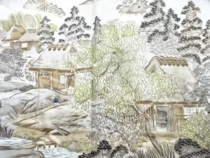 アンティーク　田舎風景模様肩裏手織り紬男物羽織